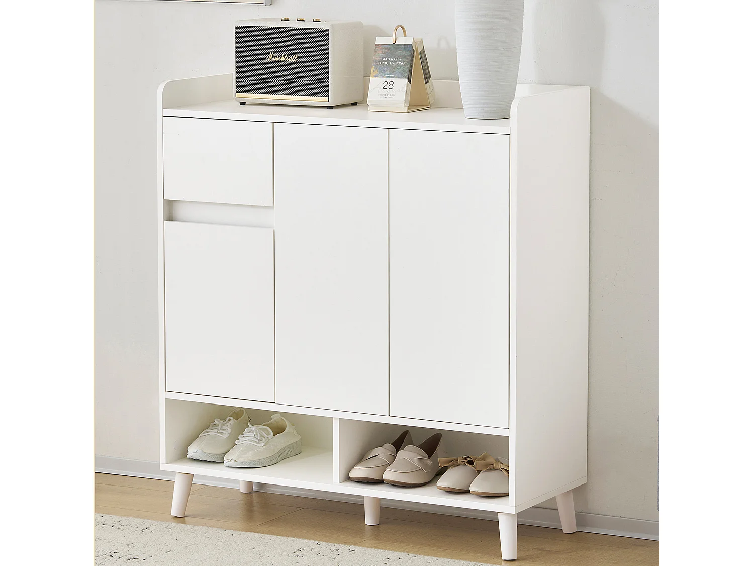 Meuble chaussures blanc avec 1 tiroir et 3 portes, étagères réglables, 90x35x99 cm