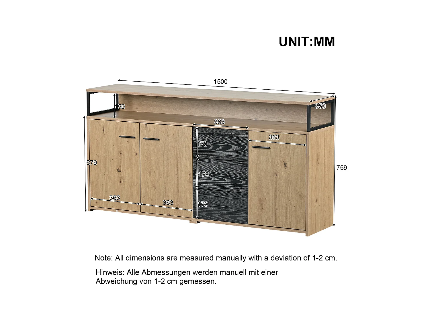 Aparador preto-castanho com 3 portas e 3 gavetas 150 x 35 x 75,9 cm, aglomerado