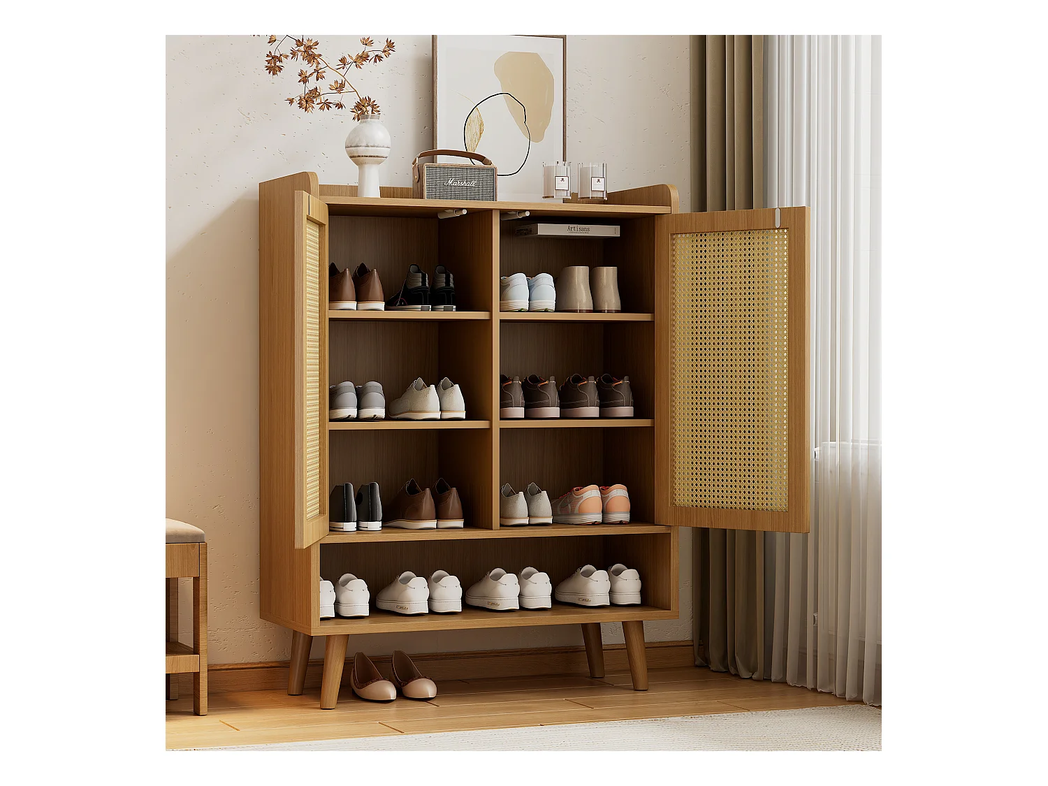 Houten schoenenkast met 2 rotandeuren en diverse legplanken 80x35x105cm