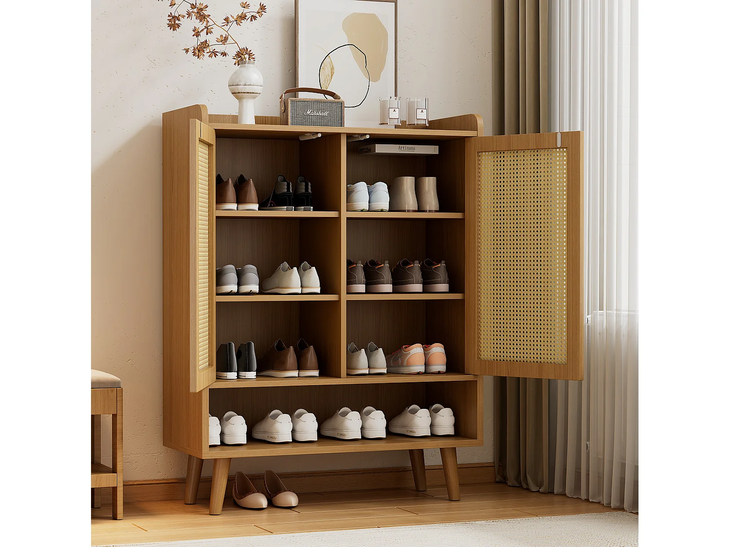 Meuble chaussures en bois avec 2 portes en rotin et plusieurs étagères 80x35x105cm