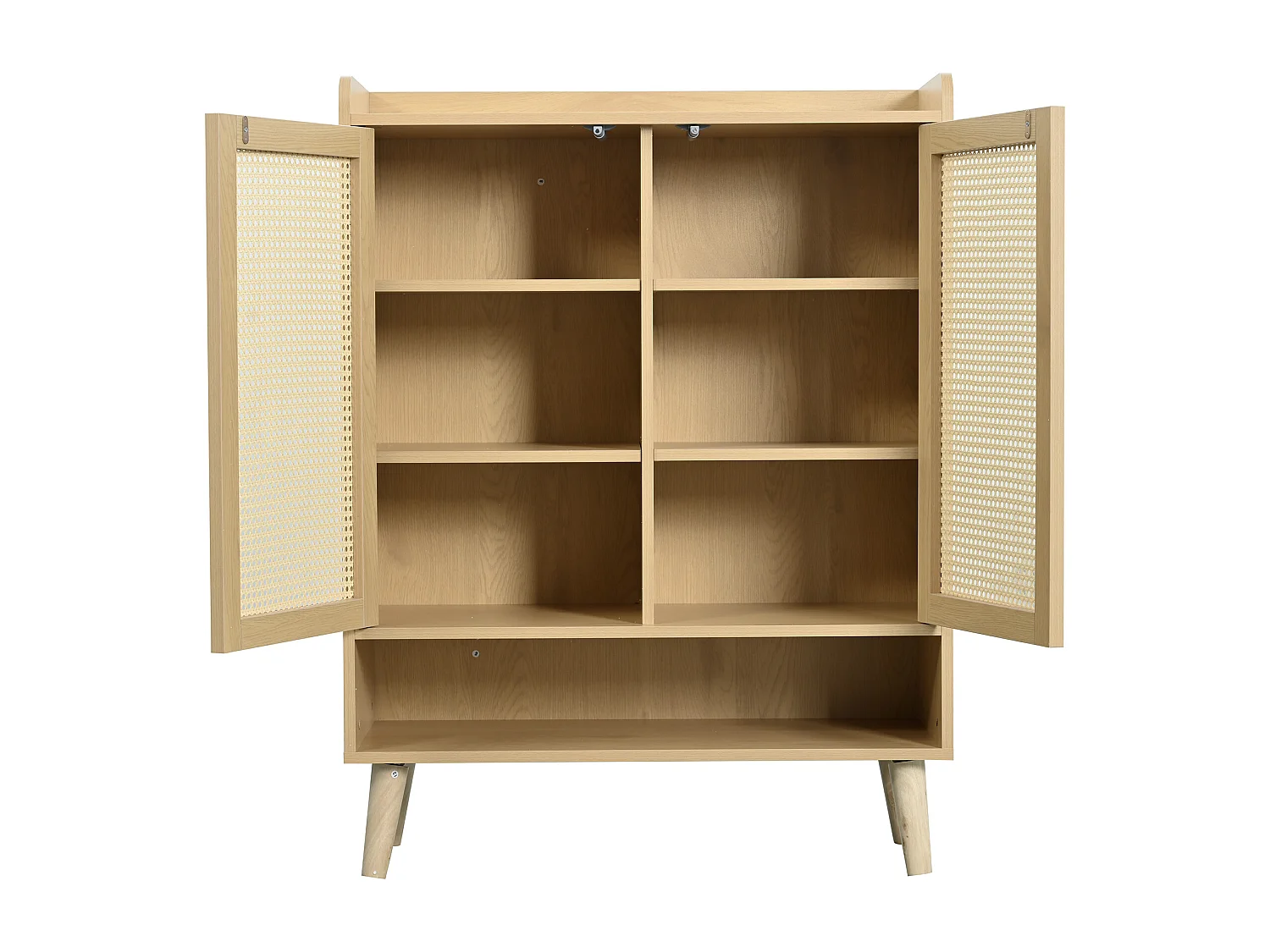 Meuble chaussures en bois avec 2 portes en rotin et plusieurs étagères 80x35x105cm