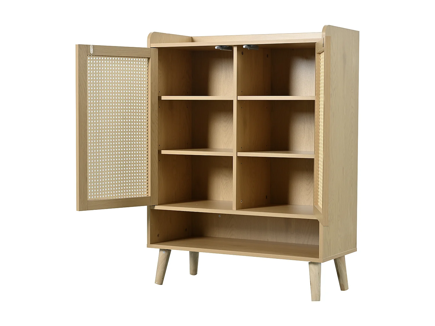 Meuble chaussures en bois avec 2 portes en rotin et plusieurs étagères 80x35x105cm