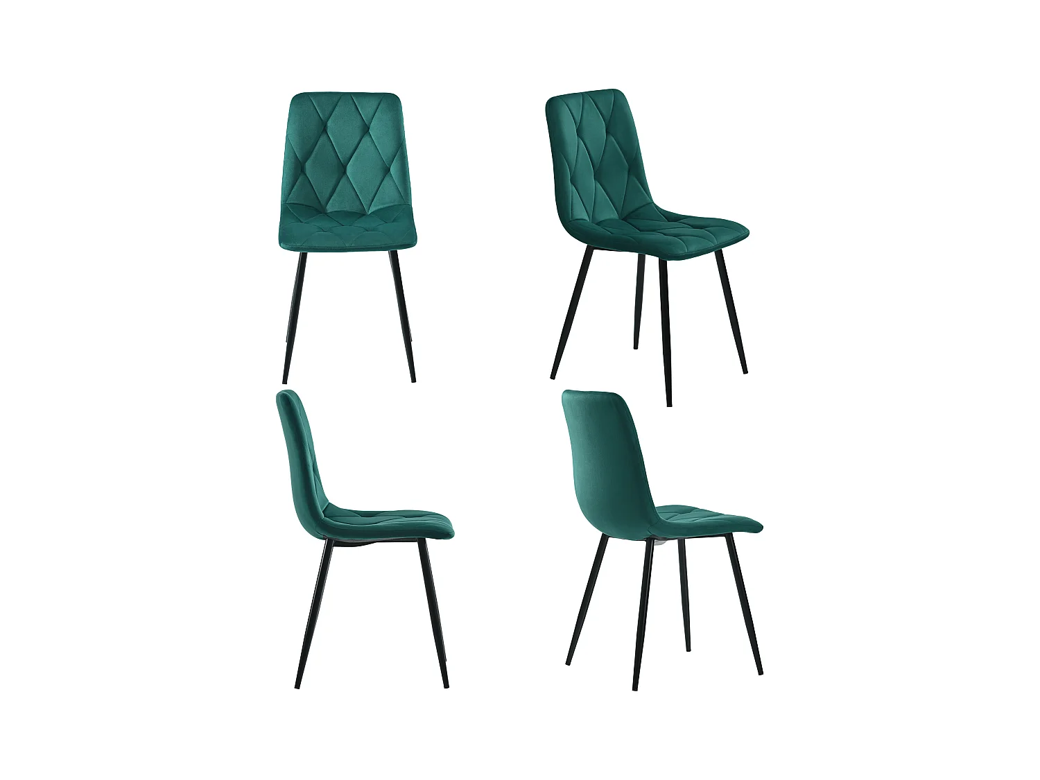 Ensemble table + 4 chaises vertes, table 50x50x75cm, plateau MDF blanc, pieds métal noir