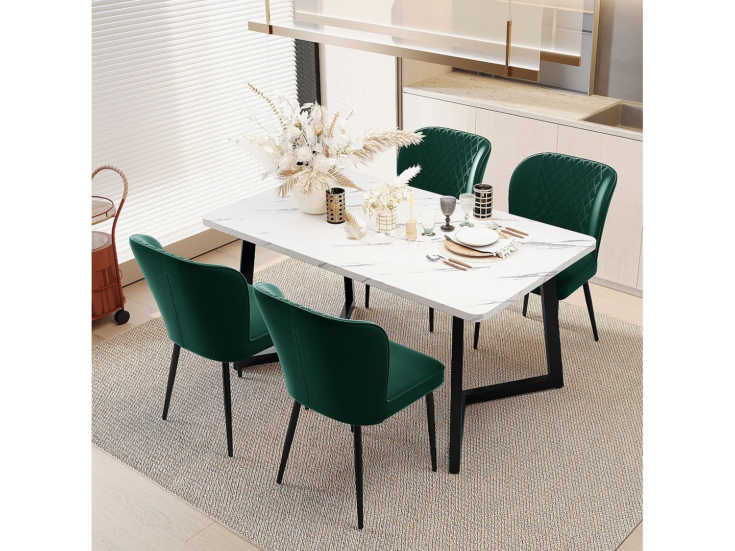 Set van tafel + 4 fluwelen stoelen, tafel 117×68×75cm, MDF+metaal, groen en wit