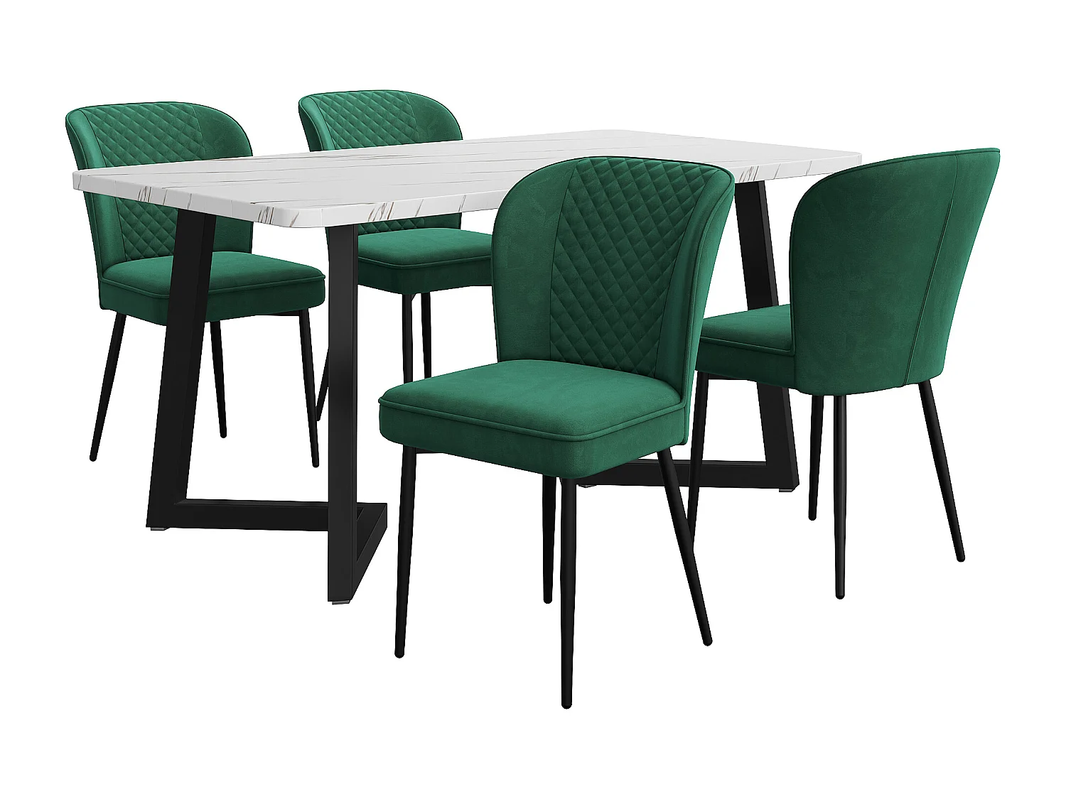 Set van tafel + 4 fluwelen stoelen, tafel 117×68×75cm, MDF+metaal, groen en wit