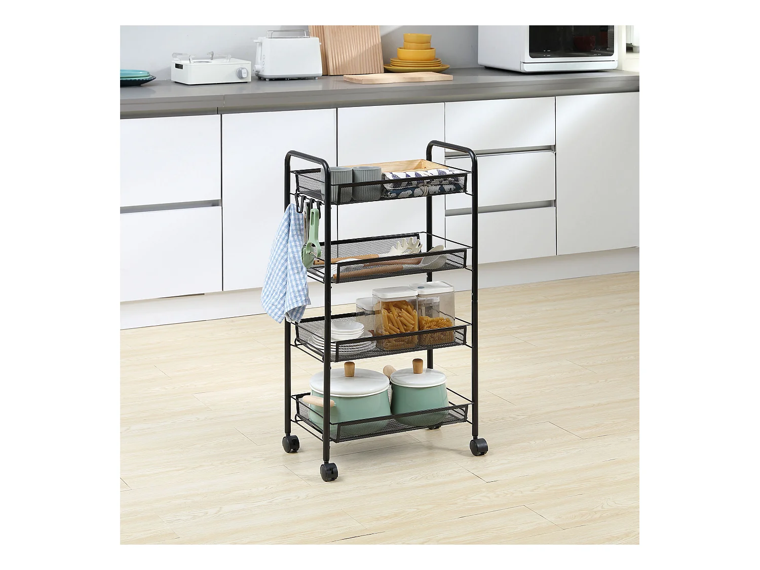 Carrello da cucina a 4 ripiani con 4 ganci e 4 ruote nero