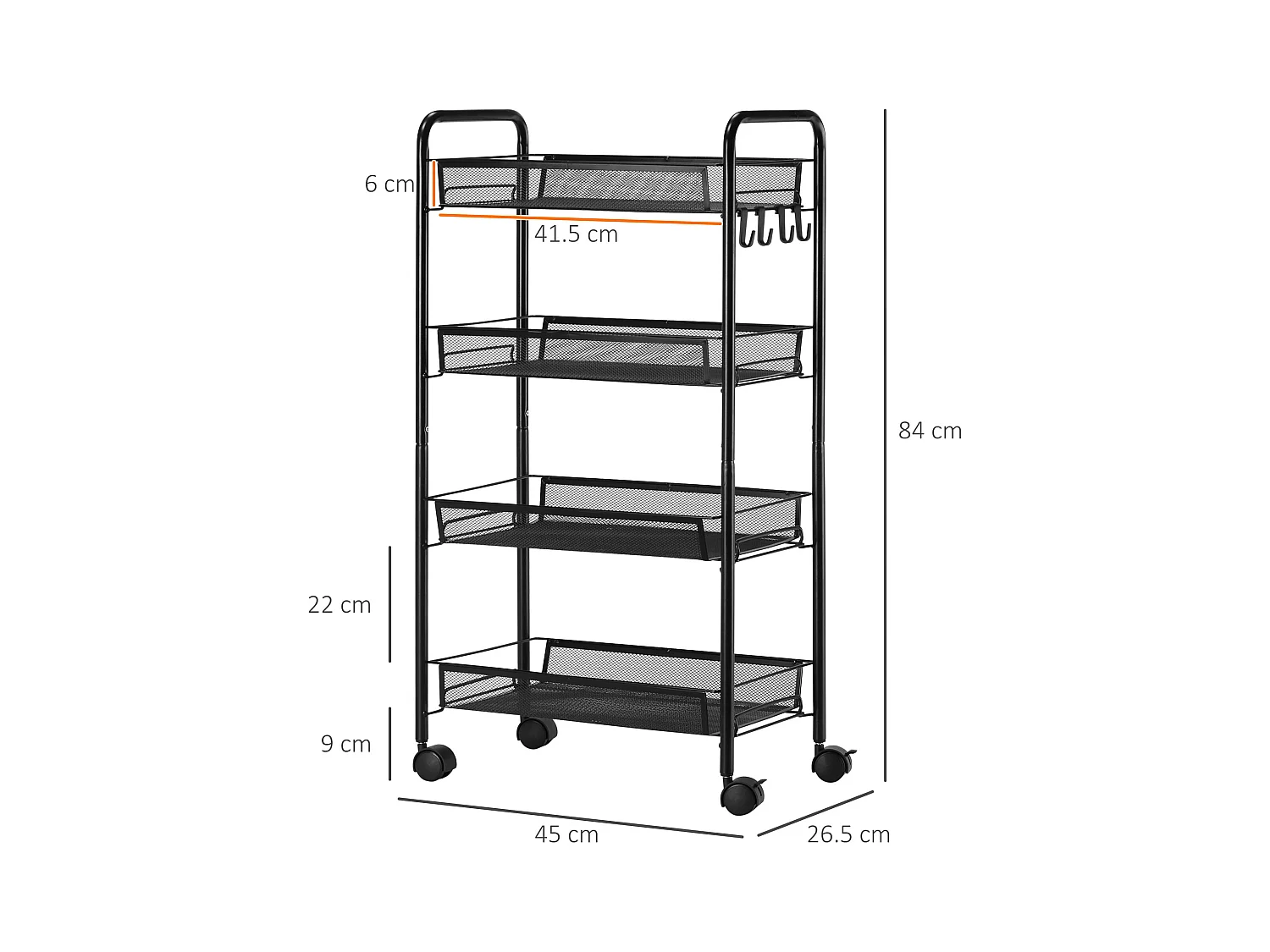 Carrello da cucina a 4 ripiani con 4 ganci e 4 ruote nero