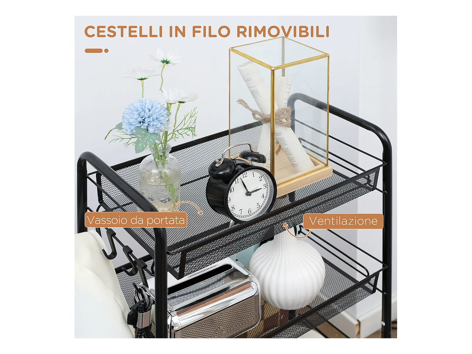 Carrello da cucina a 4 ripiani con 4 ganci e 4 ruote nero