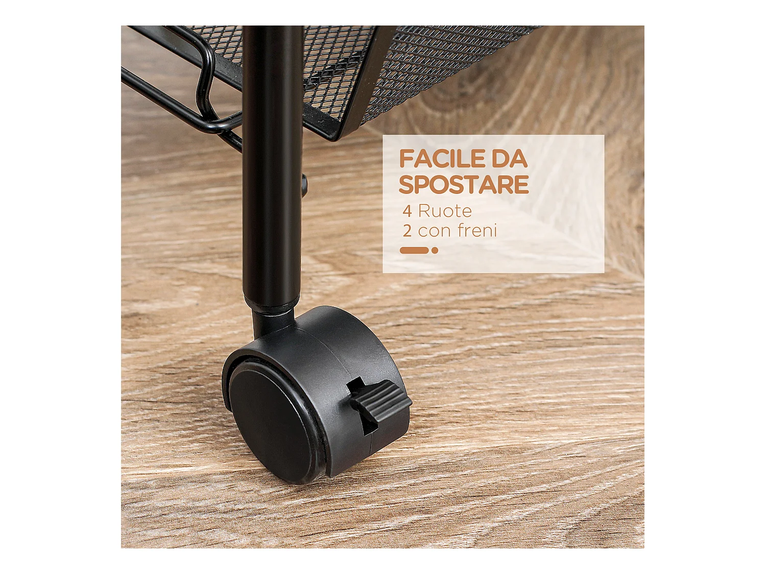 Carrello da cucina a 4 ripiani con 4 ganci e 4 ruote nero