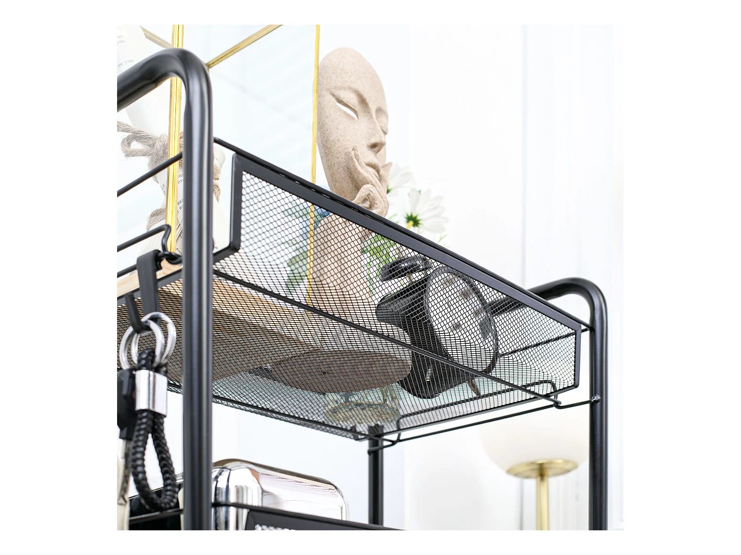 Carrello da cucina a 4 ripiani con 4 ganci e 4 ruote nero