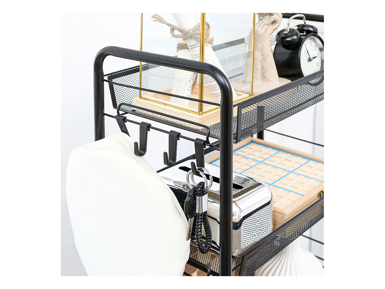 Carrello da cucina a 4 ripiani con 4 ganci e 4 ruote nero