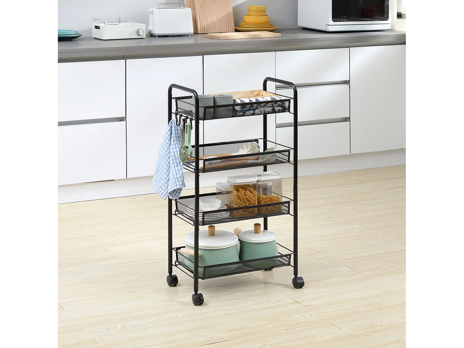 Carrello da cucina a 4 ripiani con 4 ganci e 4 ruote nero