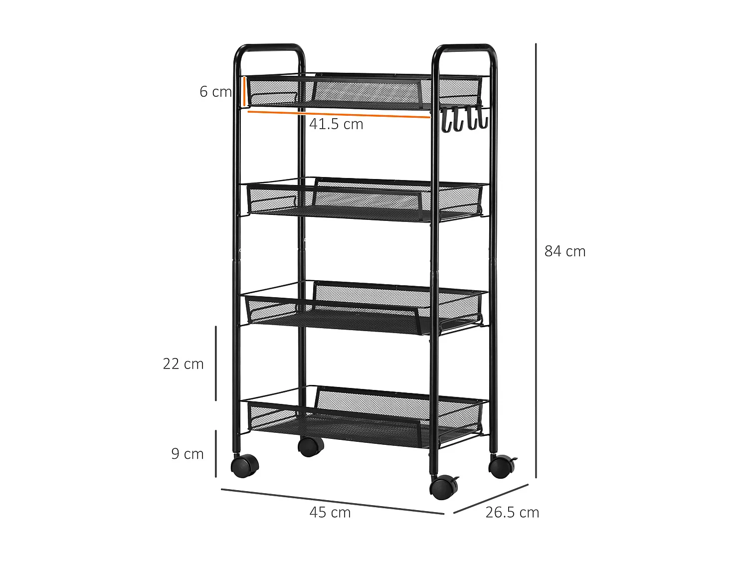 Carrello da cucina a 4 ripiani con 4 ganci e 4 ruote nero