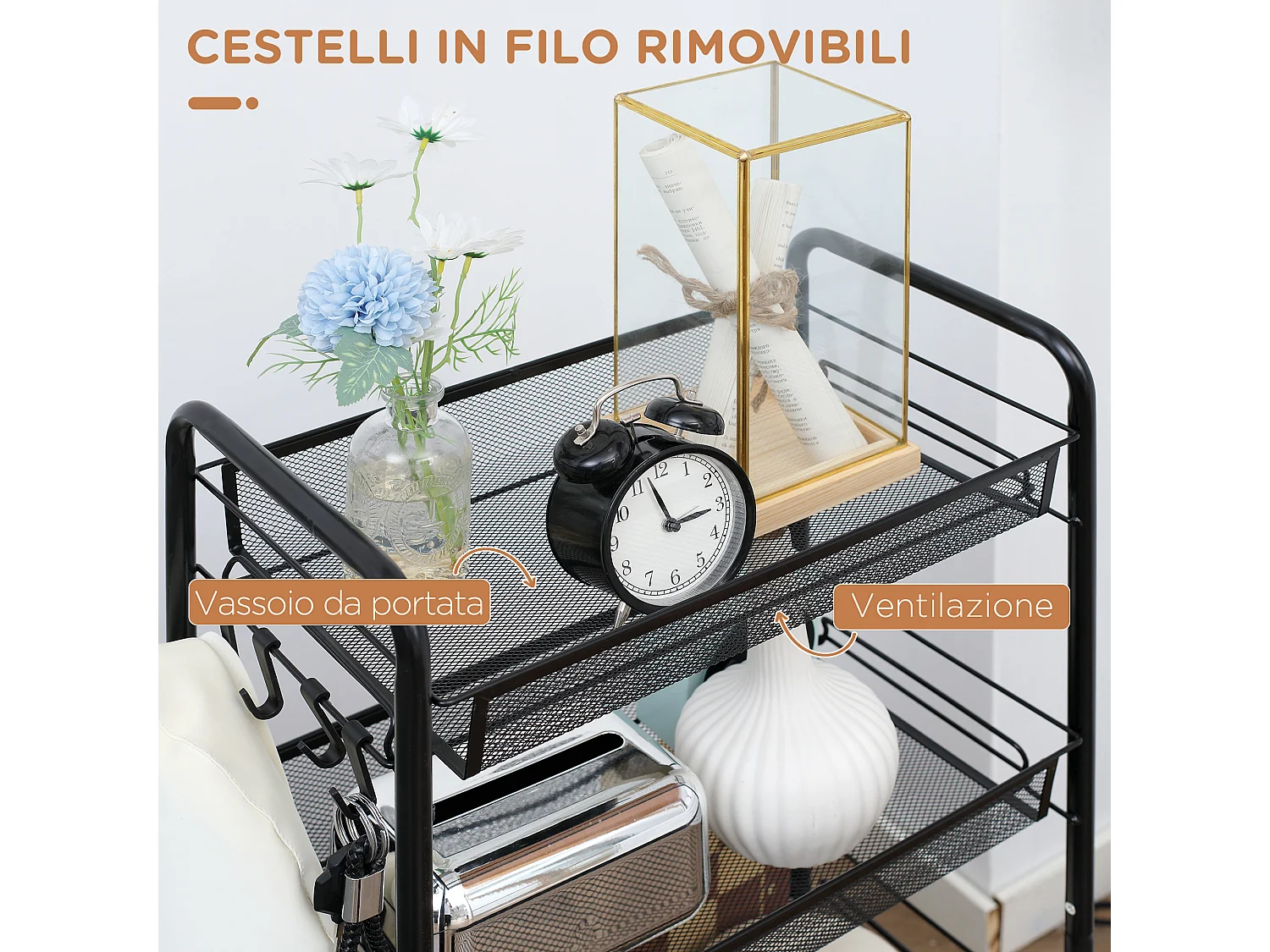 Carrello da cucina a 4 ripiani con 4 ganci e 4 ruote nero