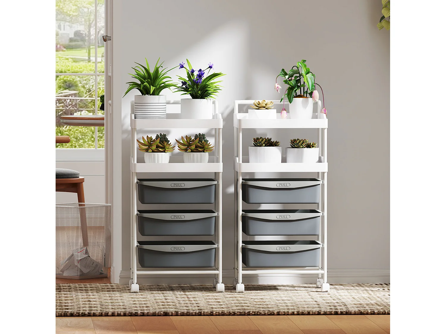 Carrello portaoggetti con 2 vassoi fissi e 3 scorrevoli grigio bianco