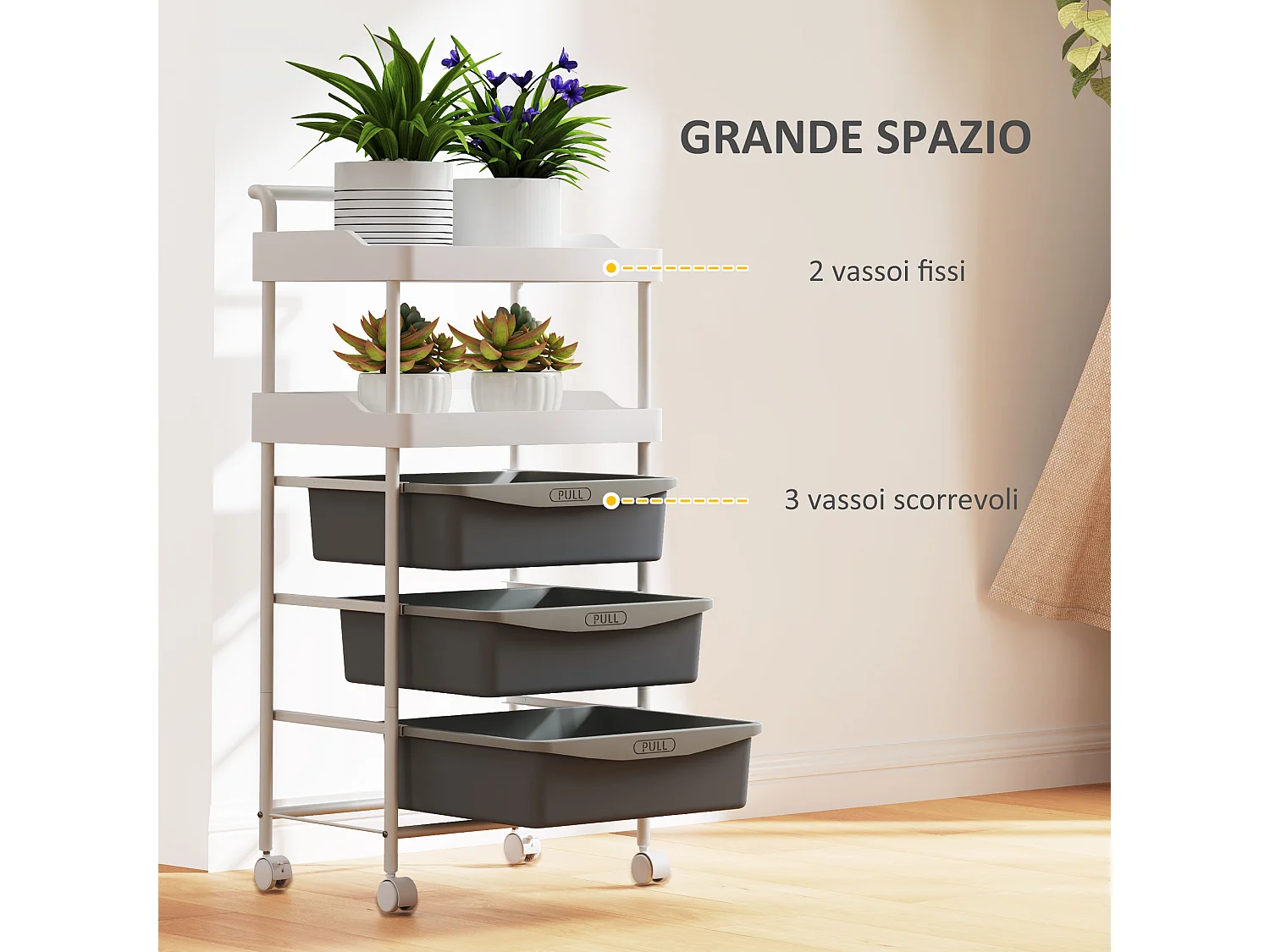 Carrello portaoggetti con 2 vassoi fissi e 3 scorrevoli grigio bianco