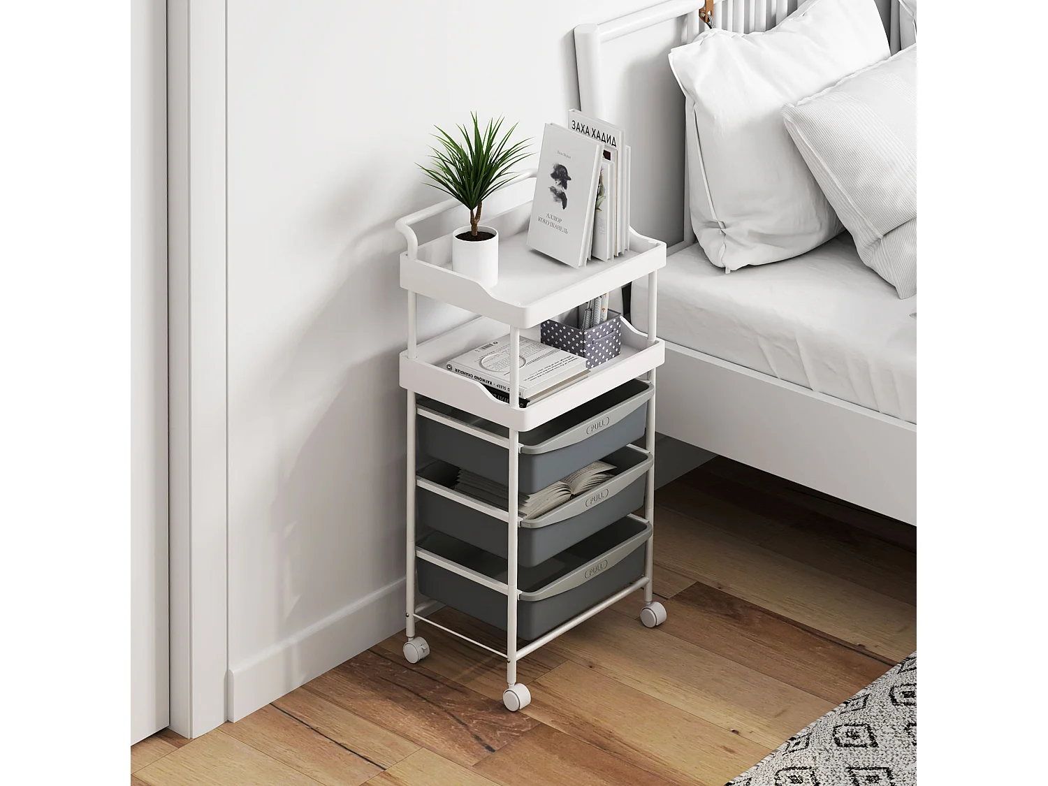 Carrello portaoggetti con 2 vassoi fissi e 3 scorrevoli grigio bianco