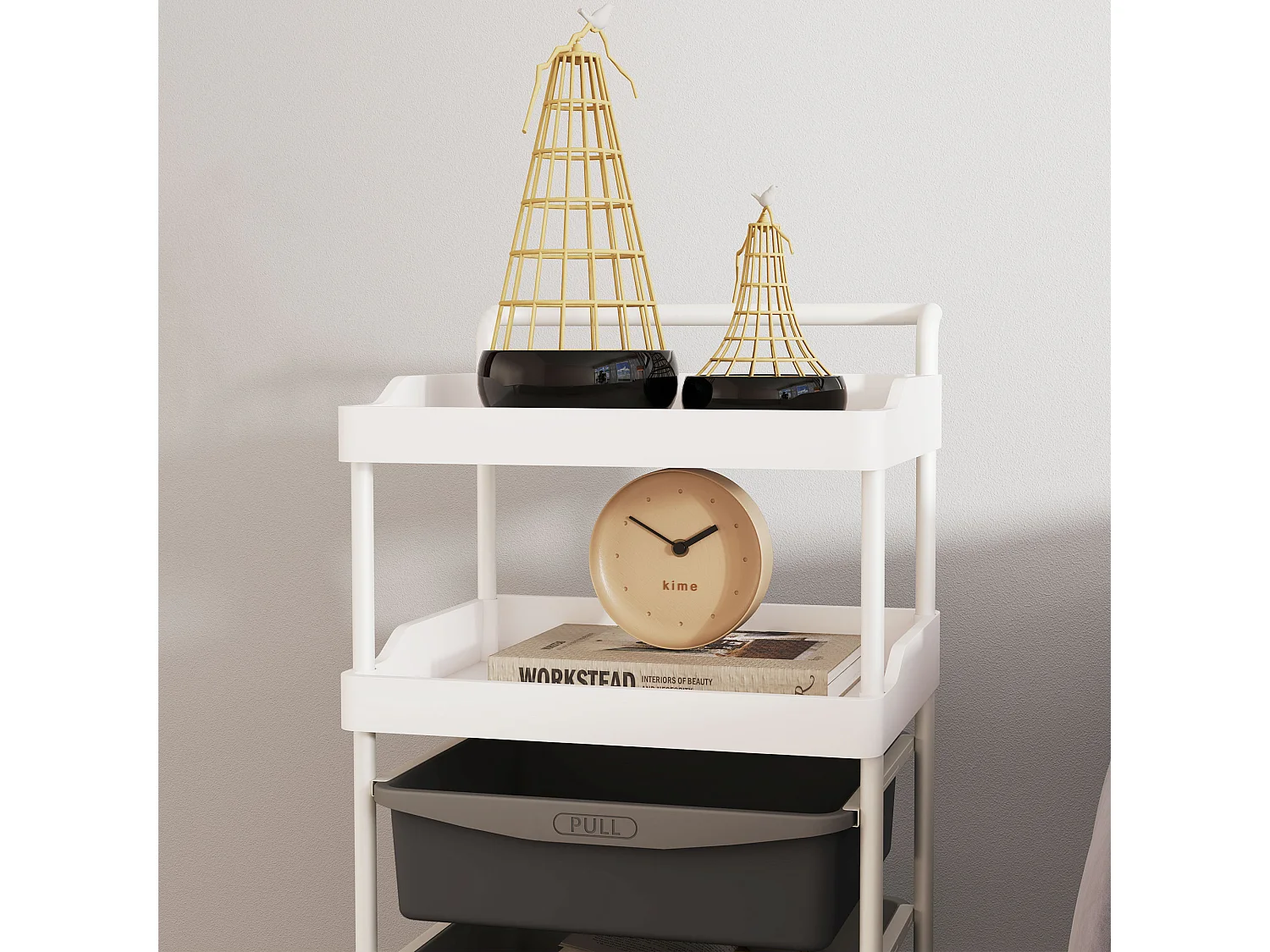 Carrello portaoggetti con 2 vassoi fissi e 3 scorrevoli grigio bianco