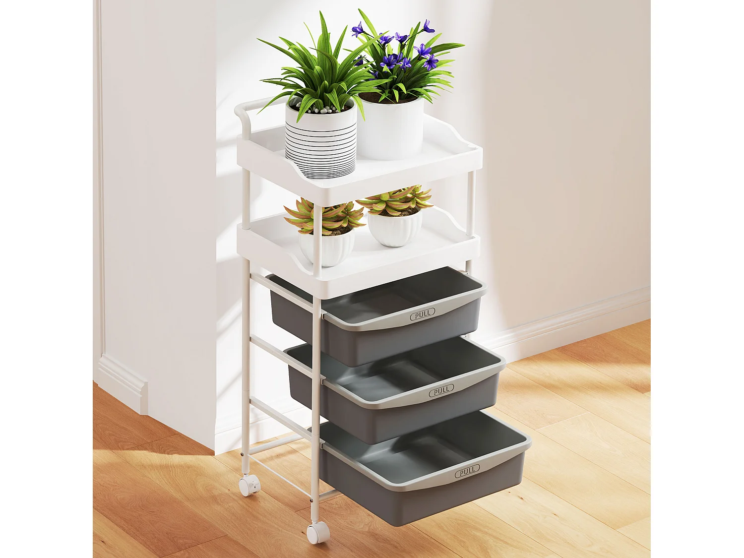 Carrello portaoggetti con 2 vassoi fissi e 3 scorrevoli grigio bianco