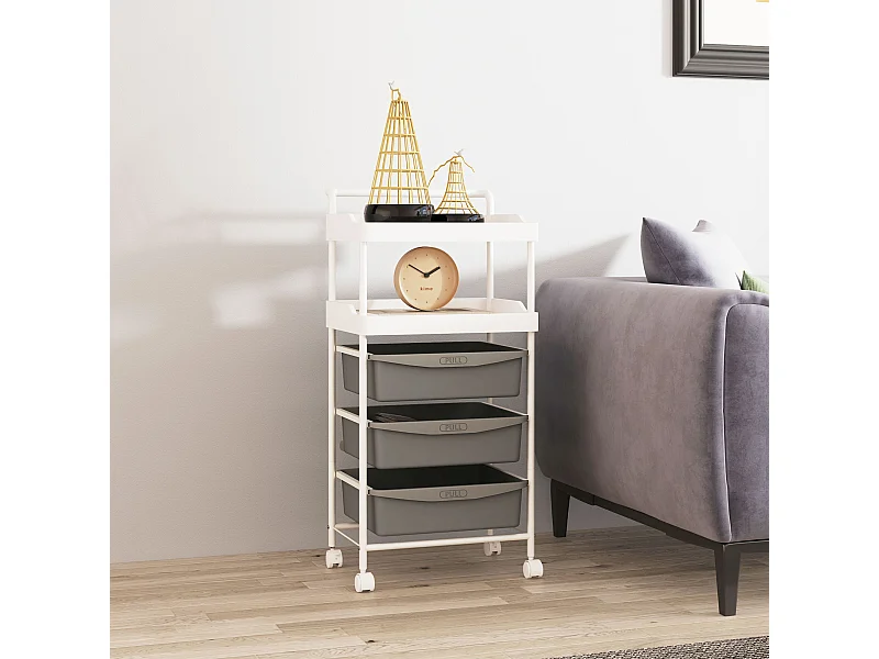 Carrello portaoggetti con 2 vassoi fissi e 3 scorrevoli grigio bianco