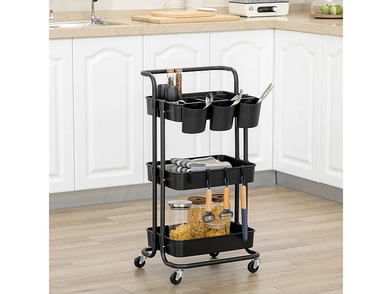 Carrello multiuso 3 livelli con cestini rimovibili e 12 divisori nero