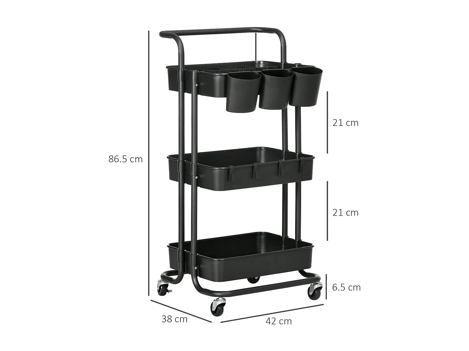 Carrello multiuso 3 livelli con cestini rimovibili e 12 divisori nero