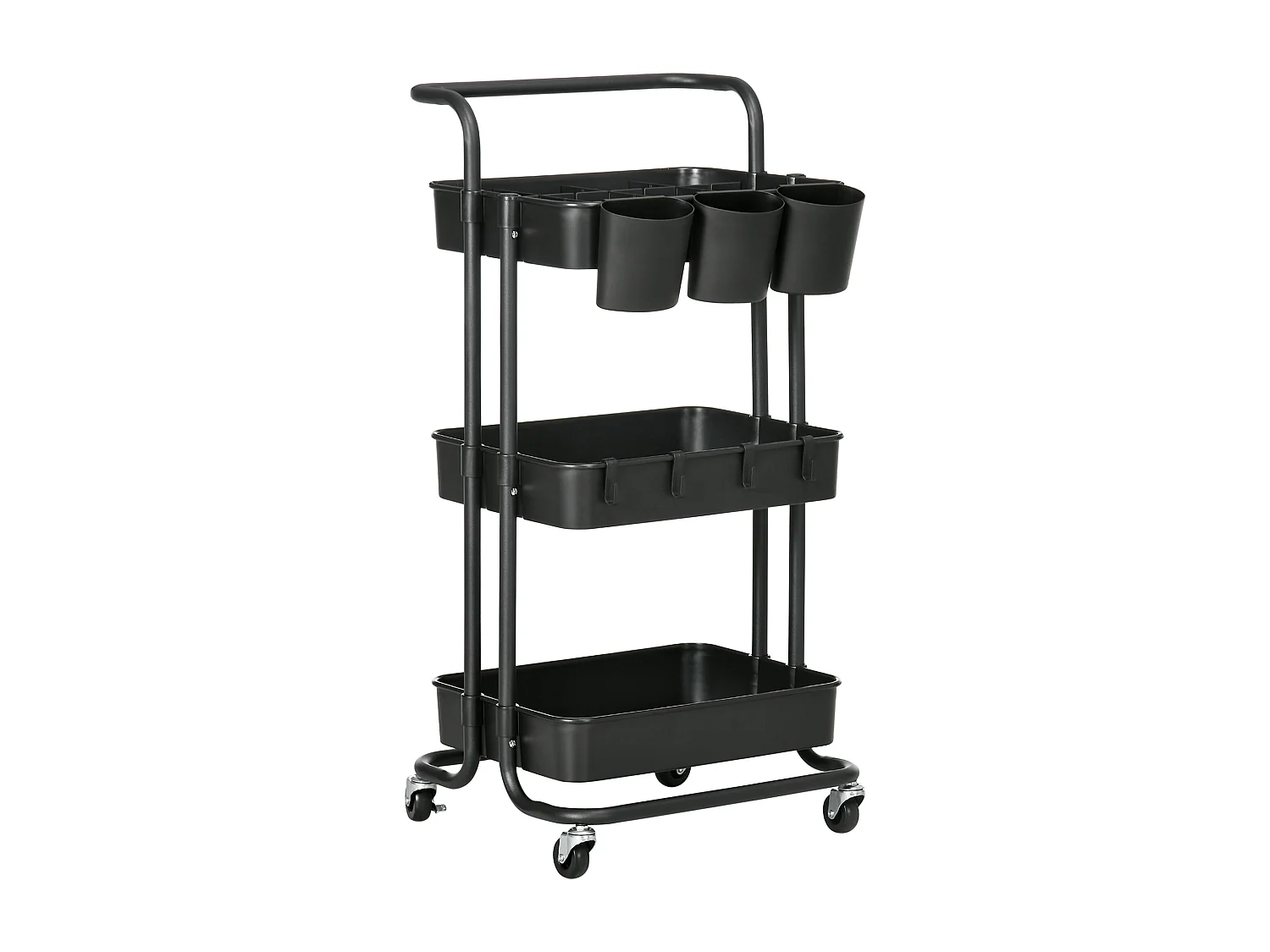 Carrello multiuso 3 livelli con cestini rimovibili e 12 divisori nero