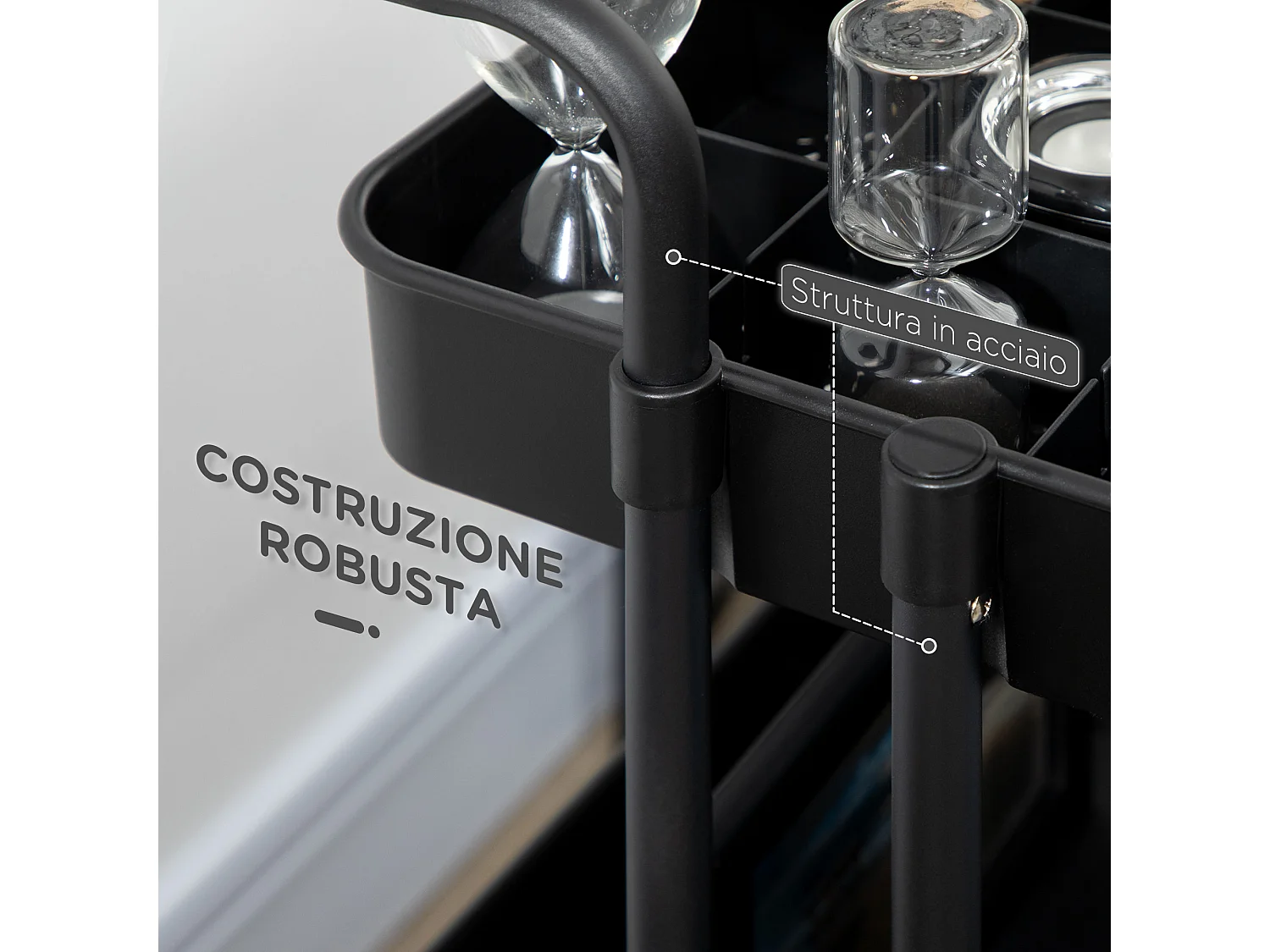 Carrello multiuso 3 livelli con cestini rimovibili e 12 divisori nero