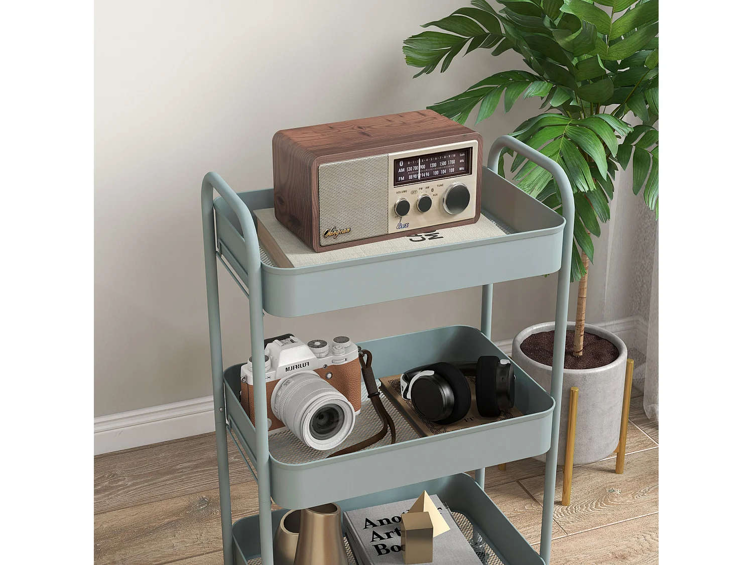 Carrello da cucina a 3 livelli in acciaio con maniglie azzurro