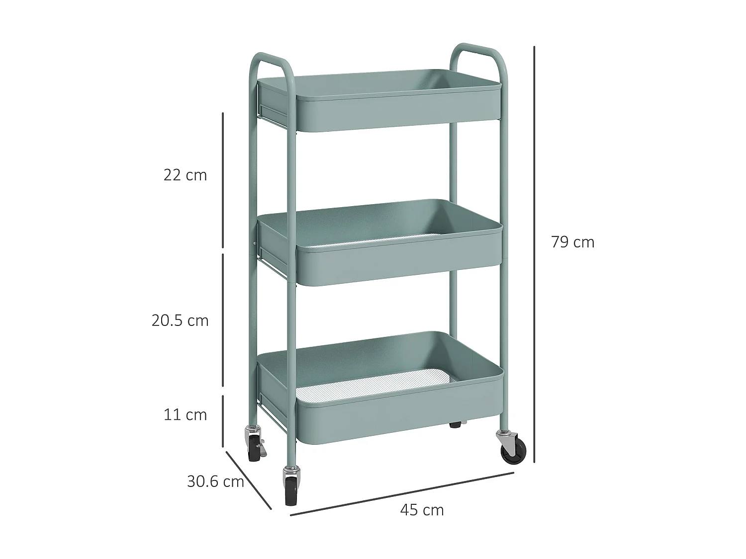 Carrello da cucina a 3 livelli in acciaio con maniglie azzurro