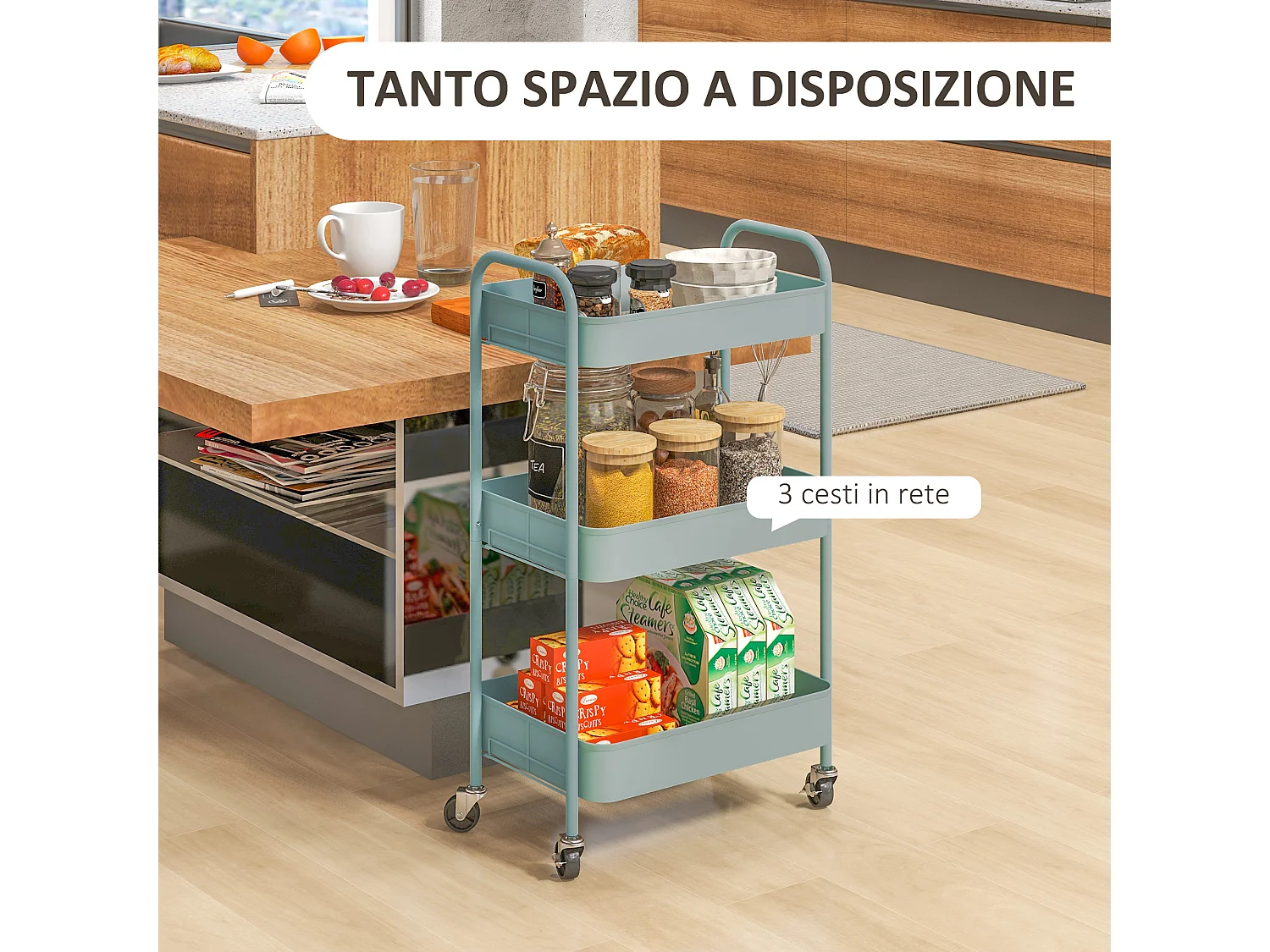 Carrello da cucina a 3 livelli in acciaio con maniglie azzurro