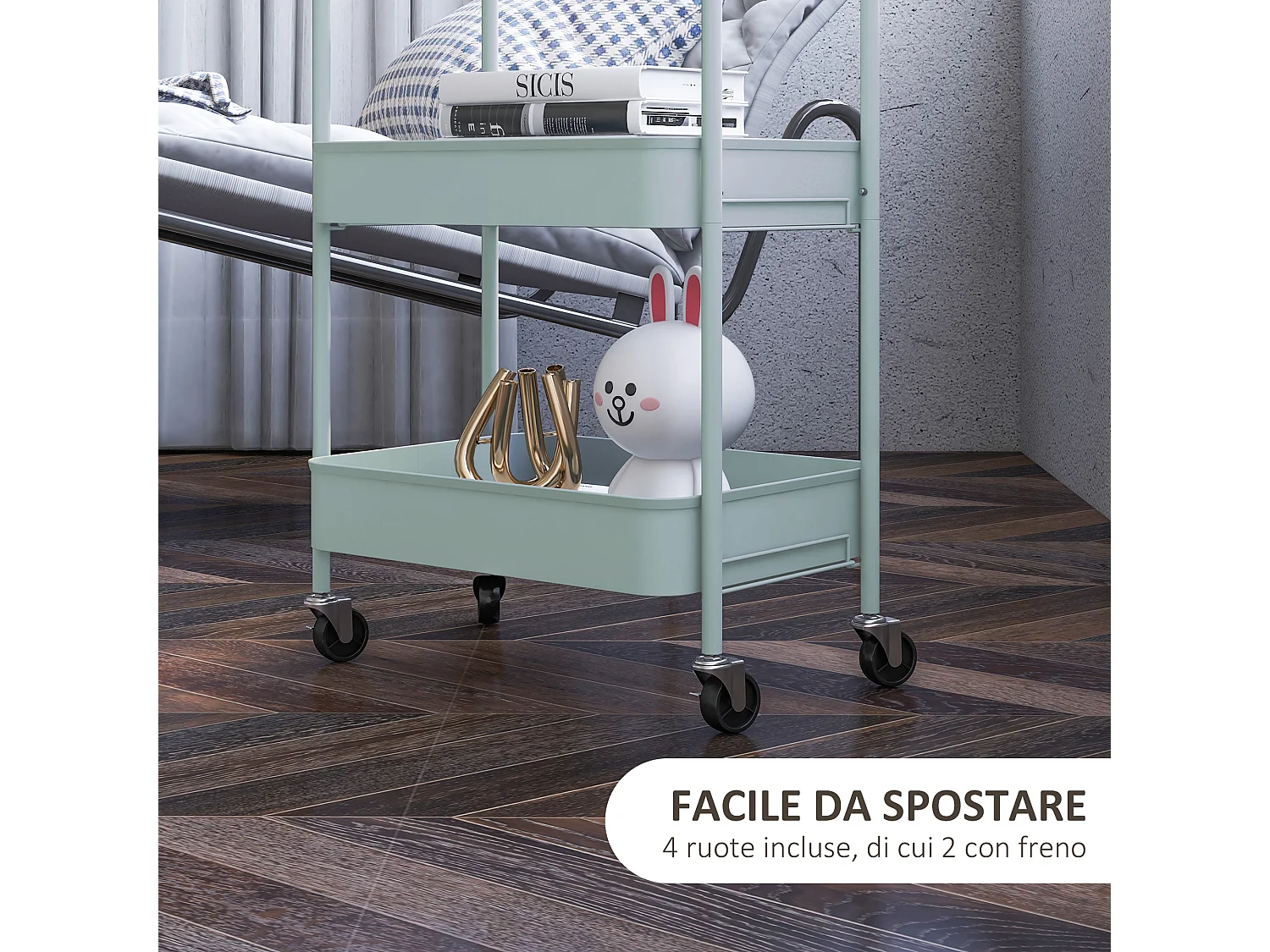 Carrello da cucina a 3 livelli in acciaio con maniglie azzurro