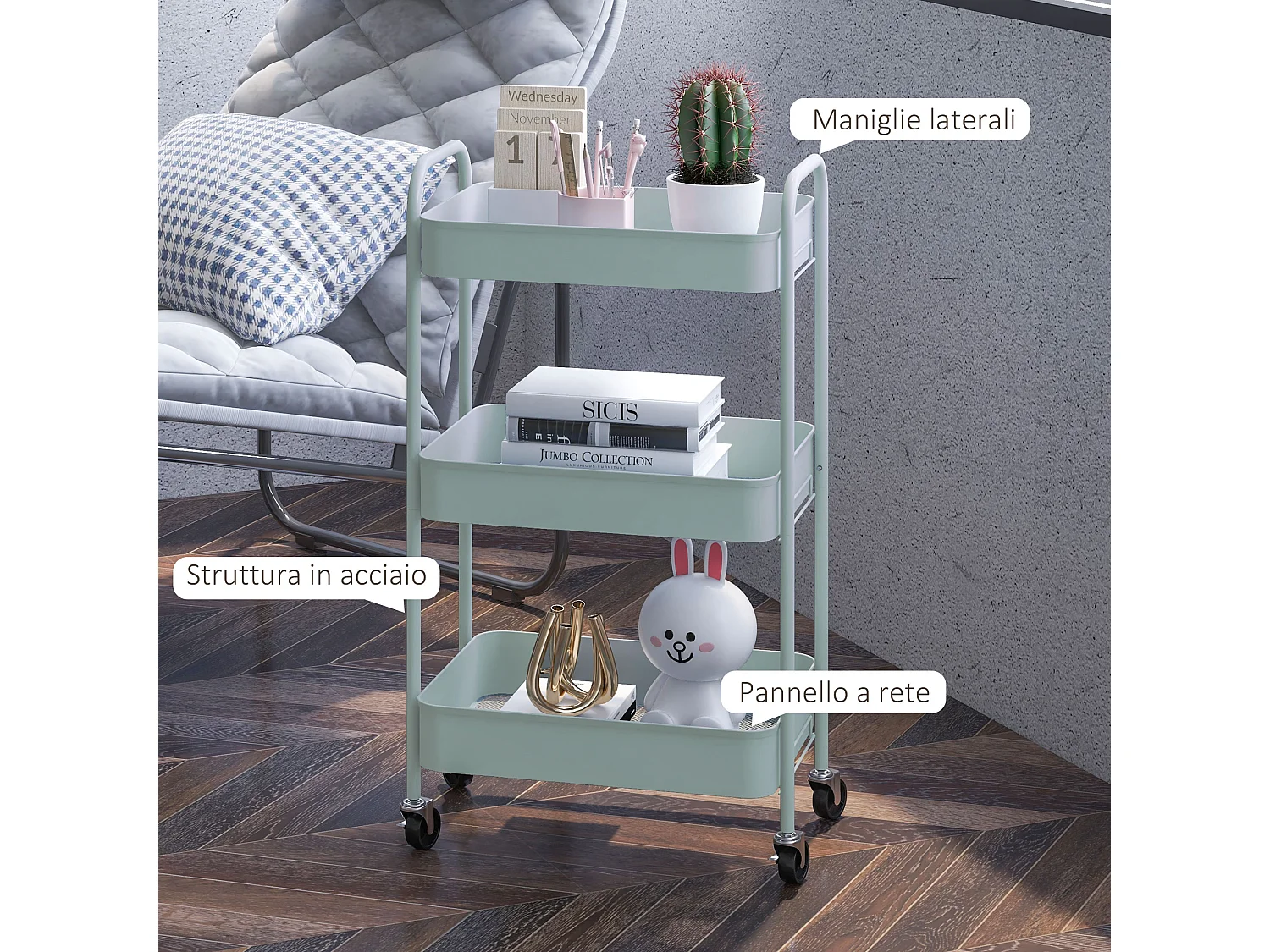 Carrello da cucina a 3 livelli in acciaio con maniglie azzurro