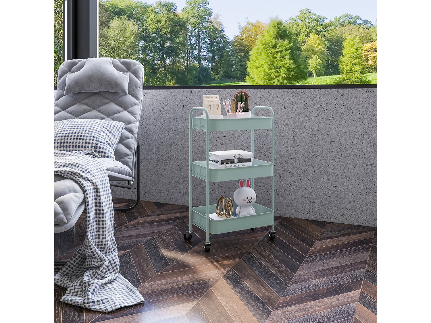 Carrello da cucina a 3 livelli in acciaio con maniglie azzurro