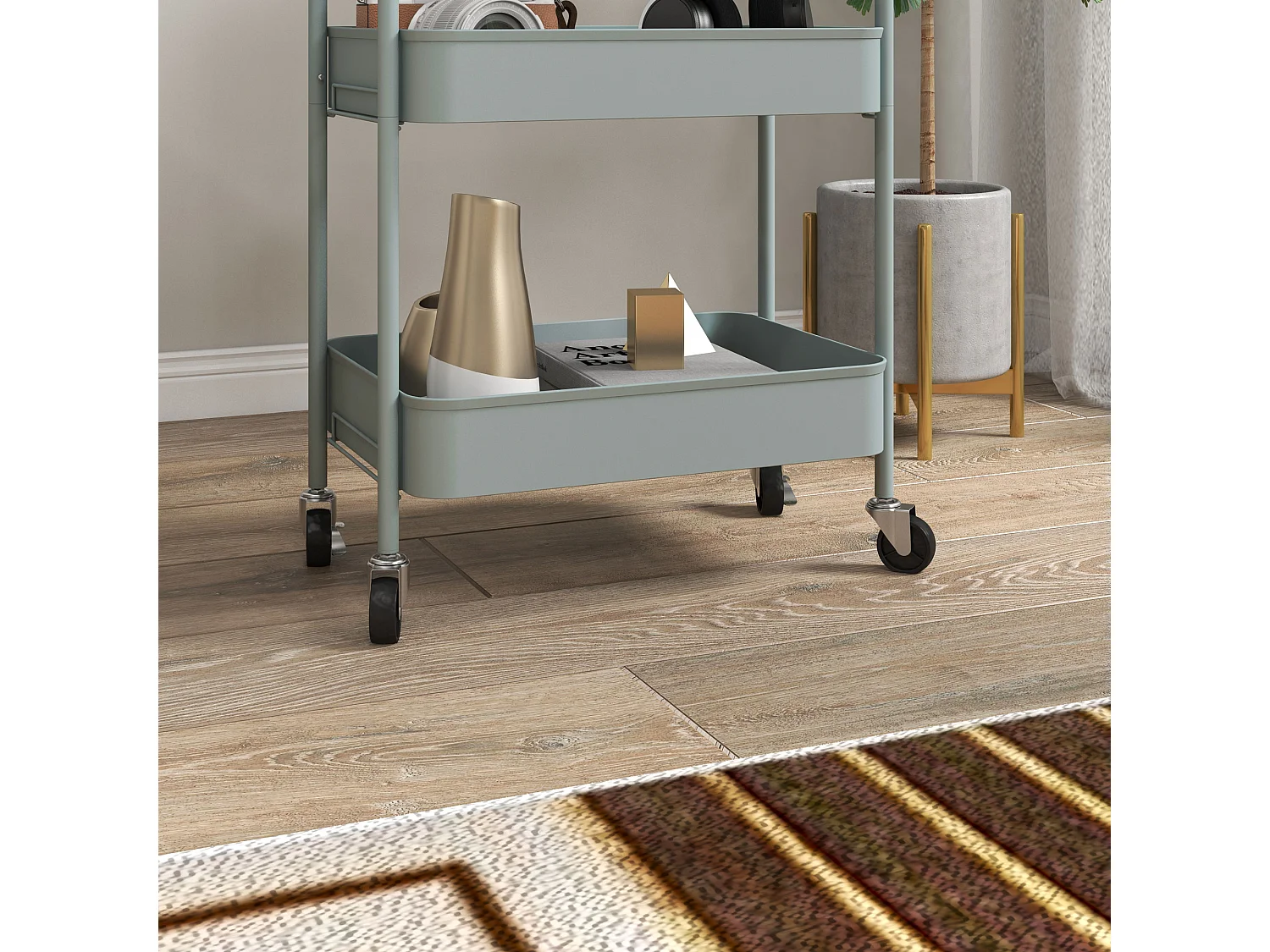 Carrello da cucina a 3 livelli in acciaio con maniglie azzurro