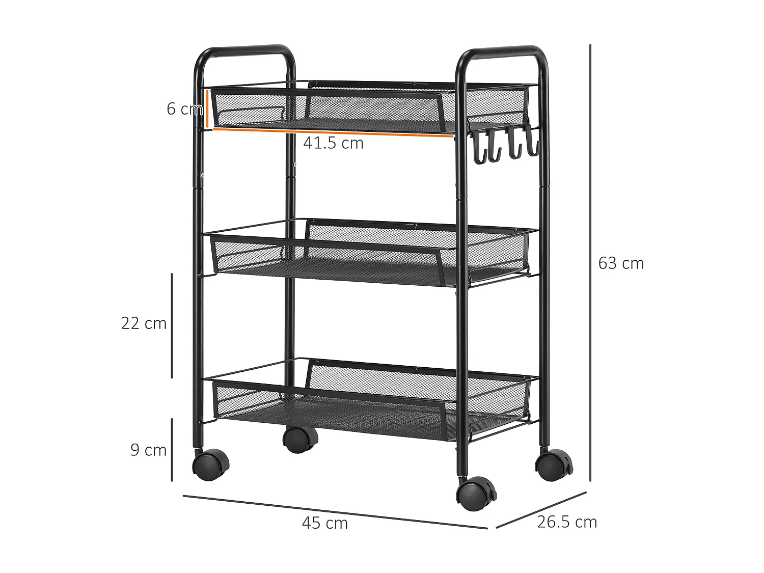 Carrello da cucina a 3 livelli con cesti removibili e 4 ruote