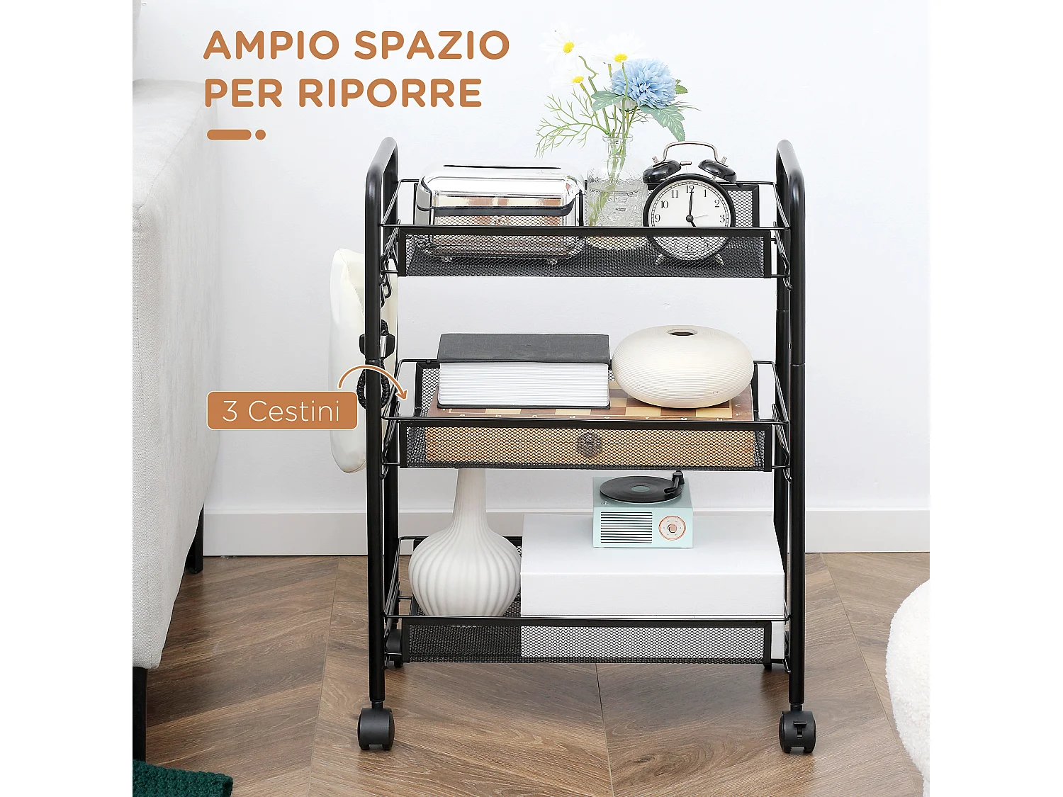 Carrello da cucina a 3 livelli con cesti removibili e 4 ruote