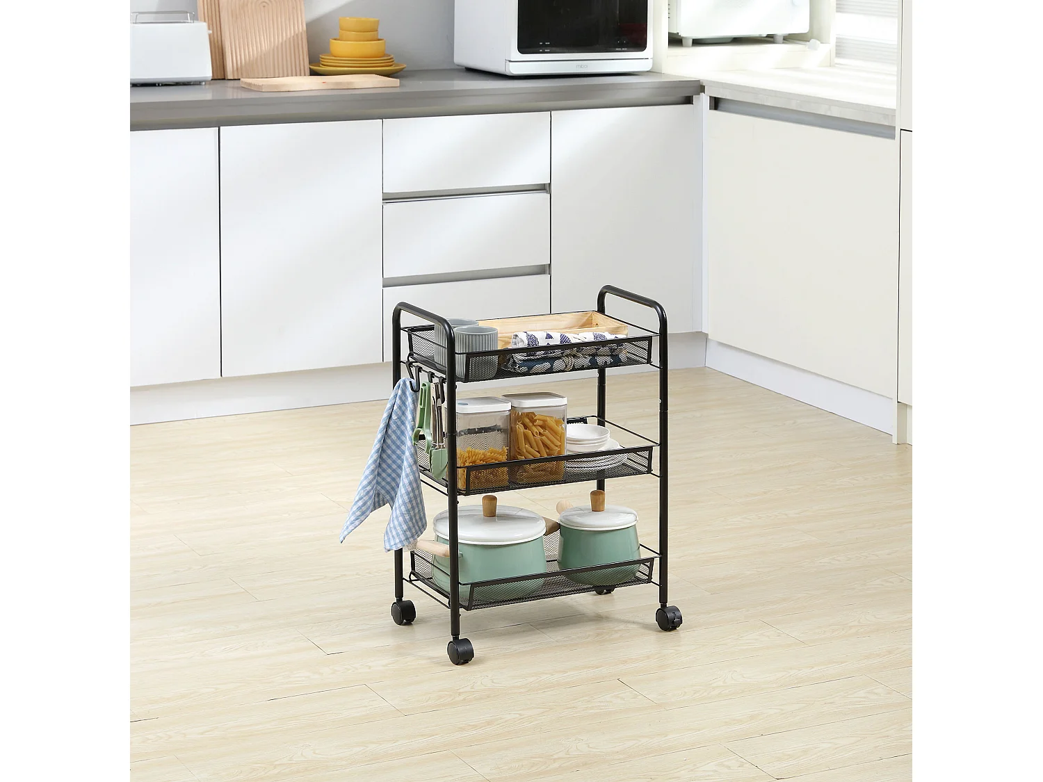 Carrello da cucina a 3 livelli con cesti removibili e 4 ruote