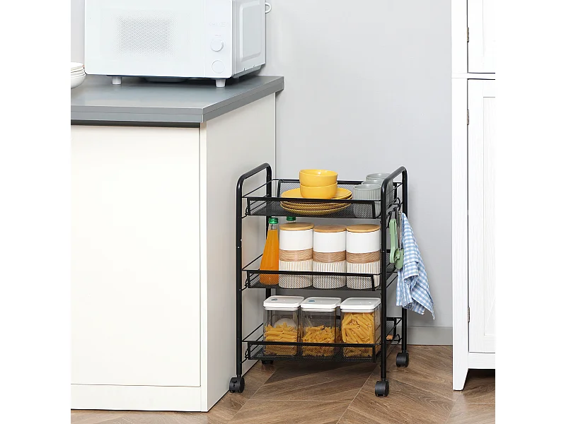 Carrello da cucina a 3 livelli con cesti removibili e 4 ruote