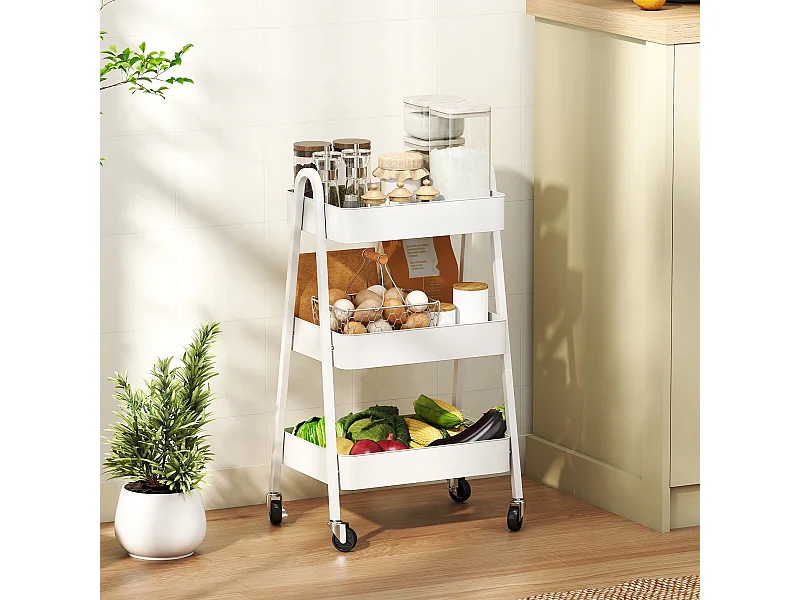 Carrello cucina a 3 livelli con ruote con freno e maniglie bianco