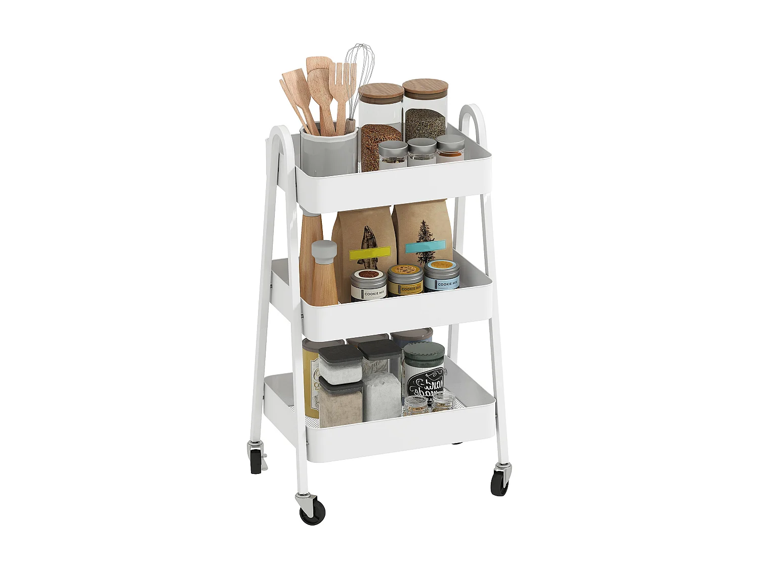Carrello cucina a 3 livelli con ruote con freno e maniglie bianco