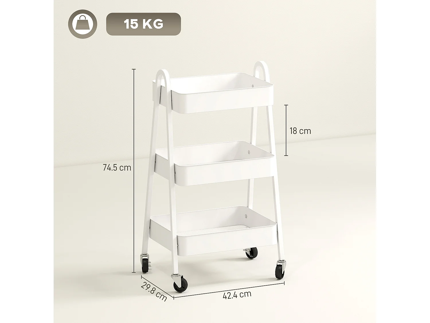 Carrello cucina a 3 livelli con ruote con freno e maniglie bianco