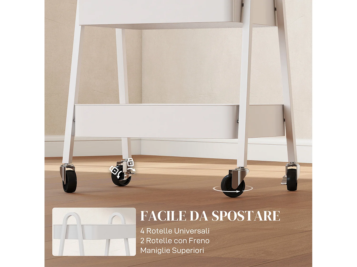 Carrello cucina a 3 livelli con ruote con freno e maniglie bianco