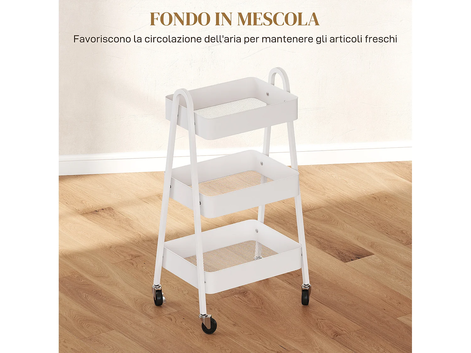 Carrello cucina a 3 livelli con ruote con freno e maniglie bianco