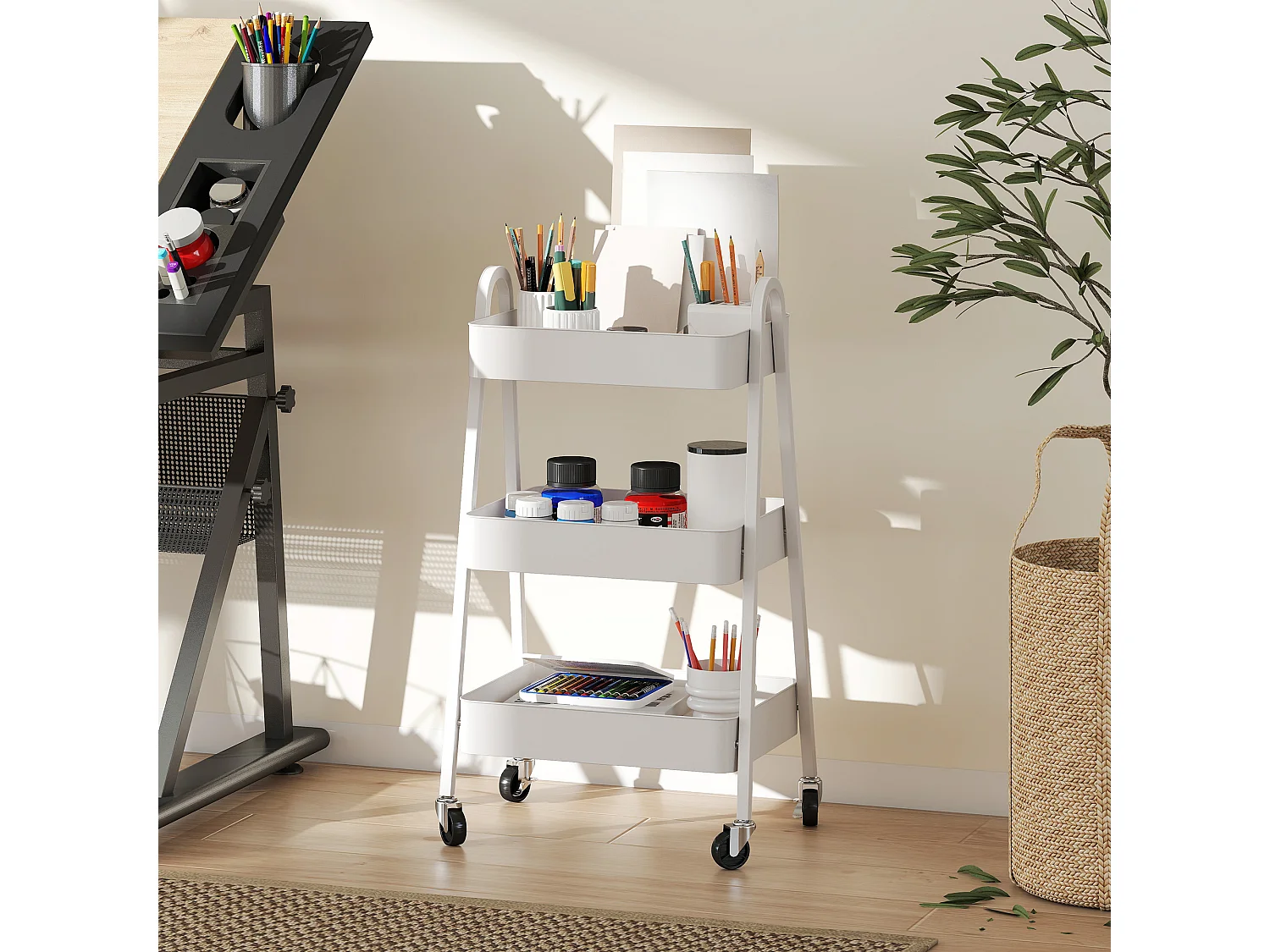 Carrello cucina a 3 livelli con ruote con freno e maniglie bianco