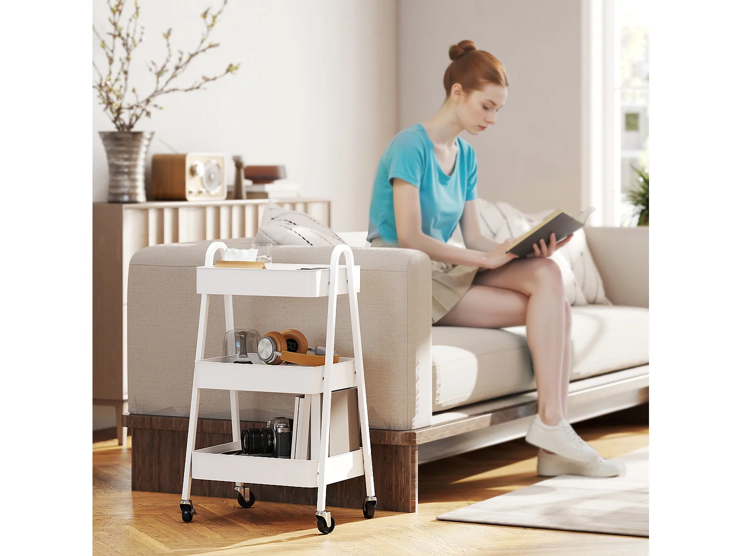 Carrello cucina a 3 livelli con ruote con freno e maniglie bianco