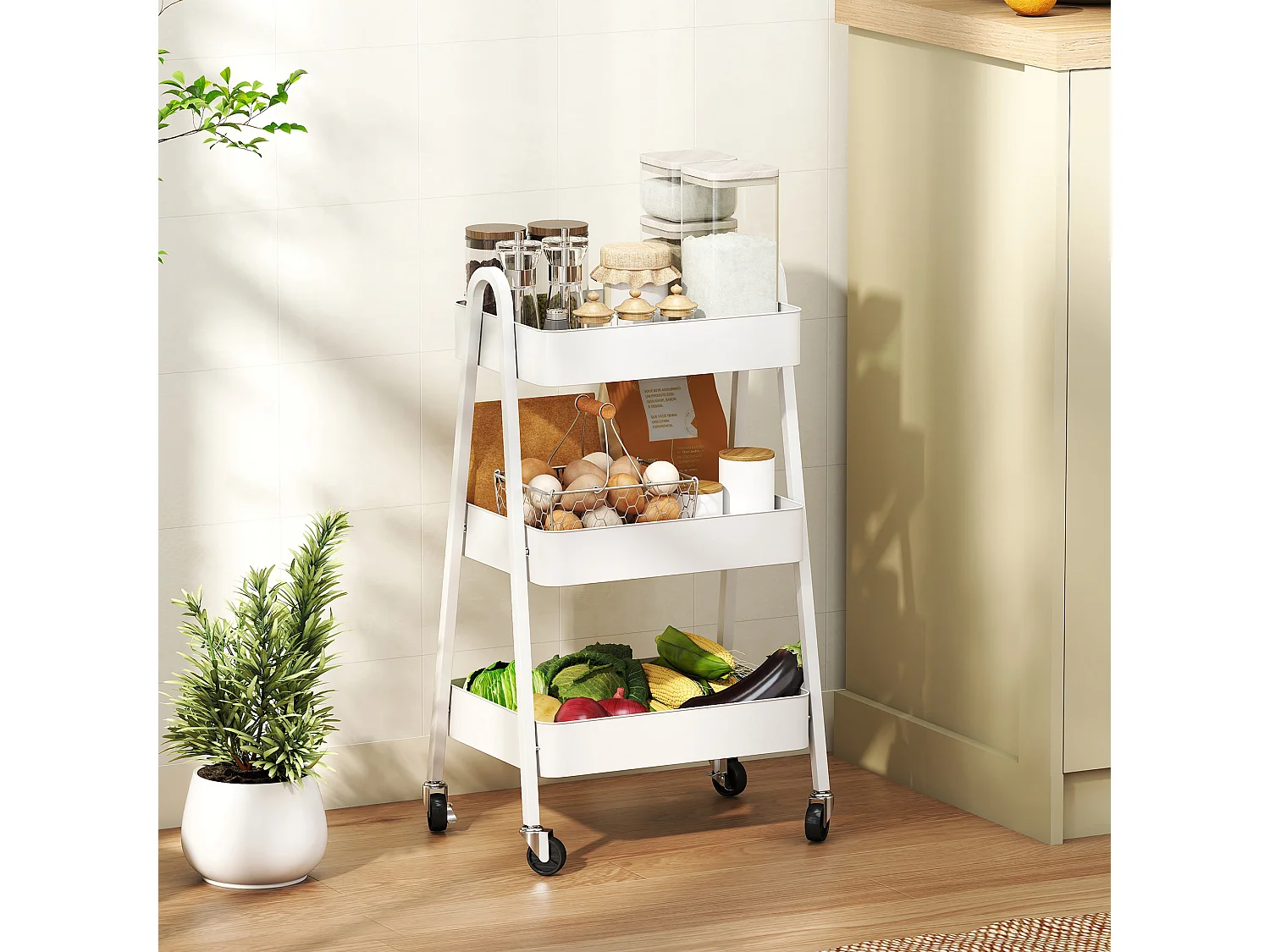 Carrello cucina a 3 livelli con ruote con freno e maniglie bianco