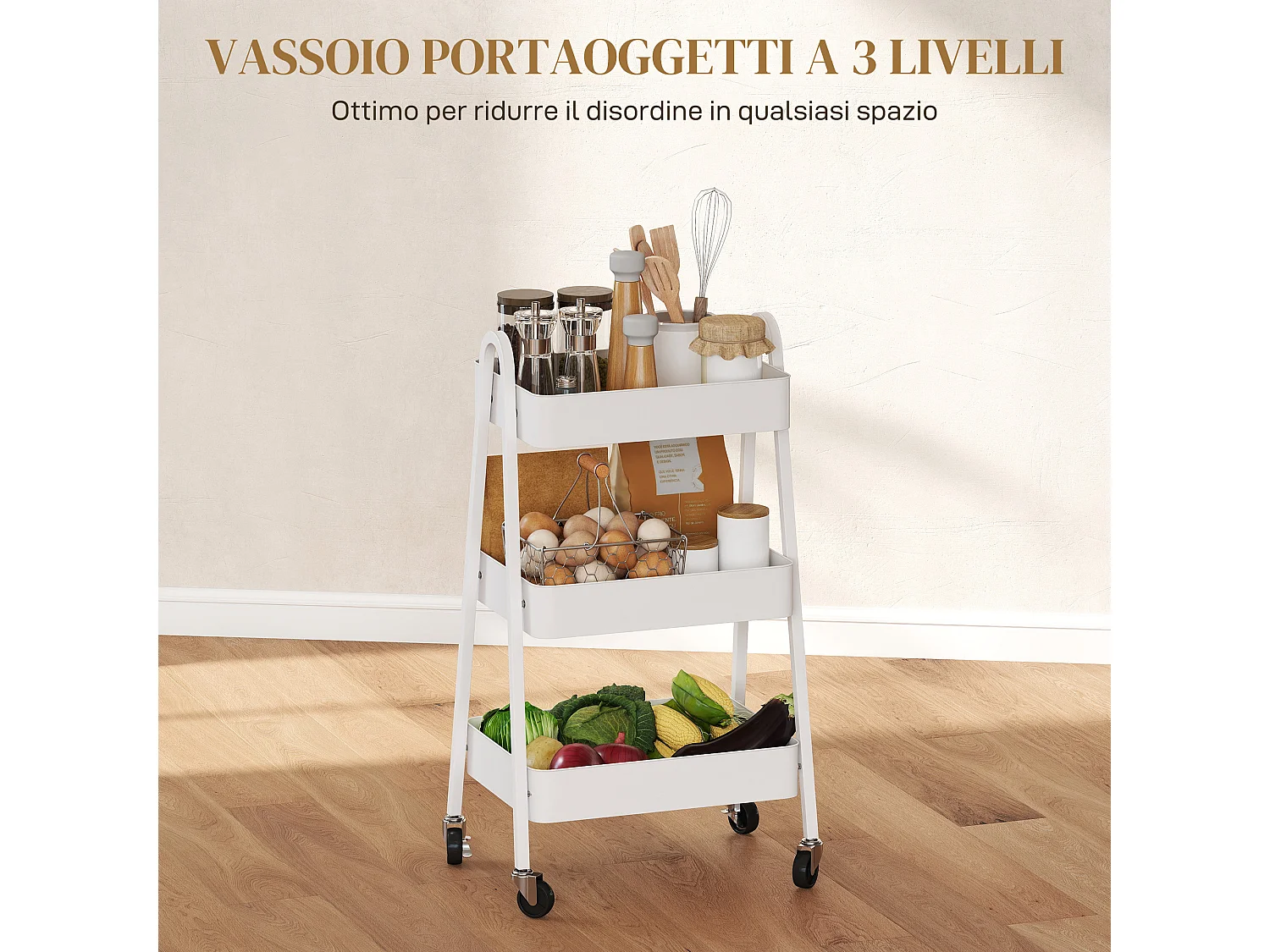 Carrello cucina a 3 livelli con ruote con freno e maniglie bianco