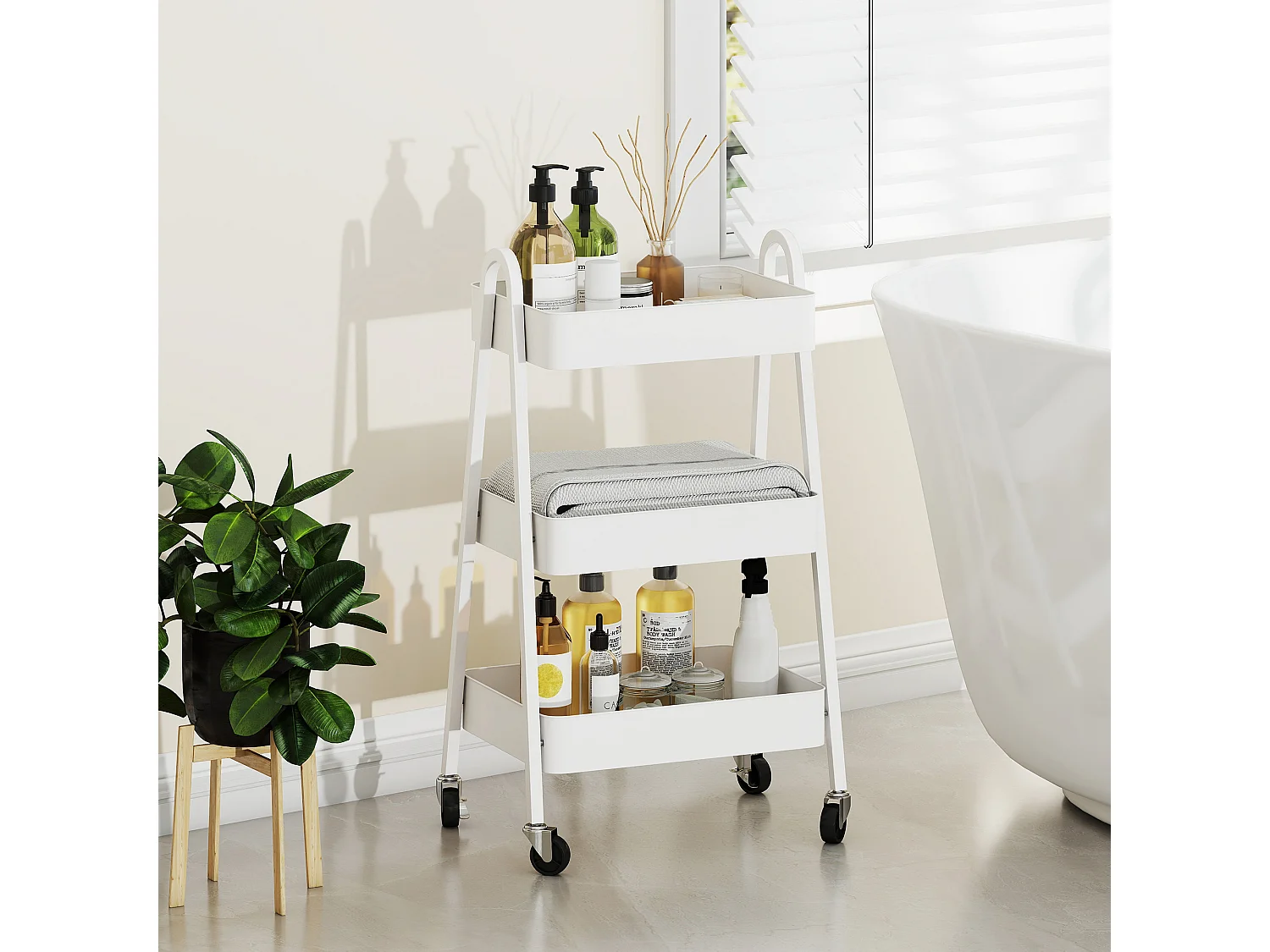 Carrello cucina a 3 livelli con ruote con freno e maniglie bianco