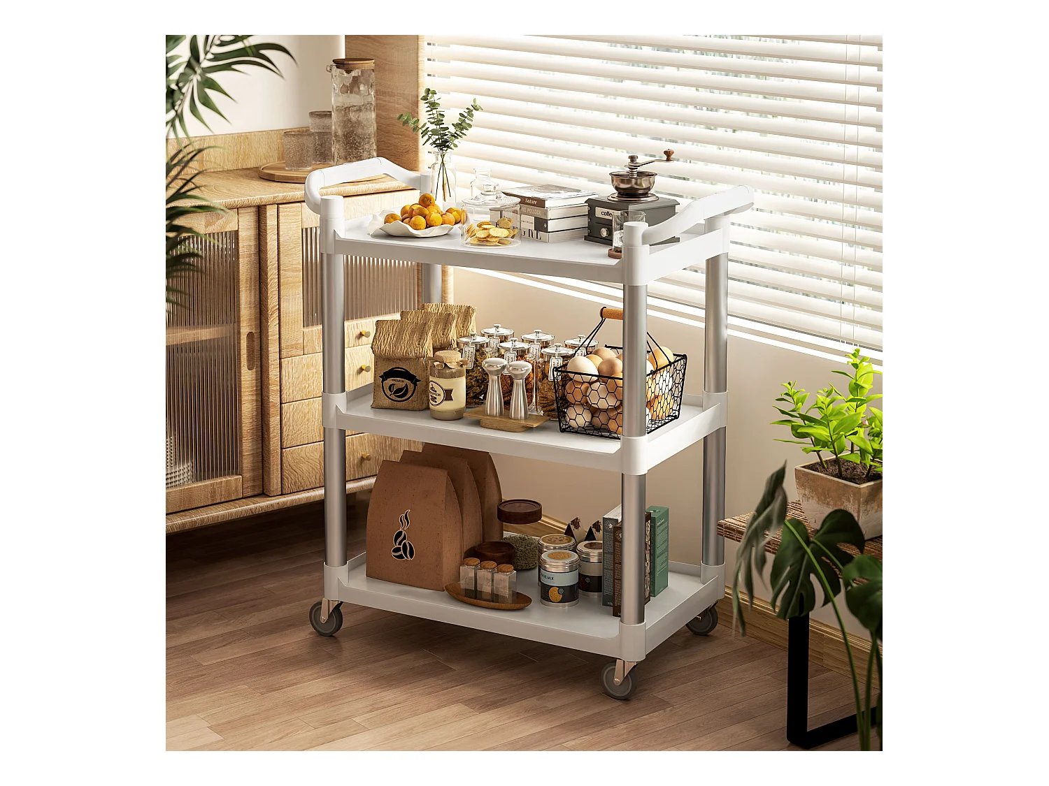 Carrello portavivande a 3 livelli in pp e alluminio bianco e argento